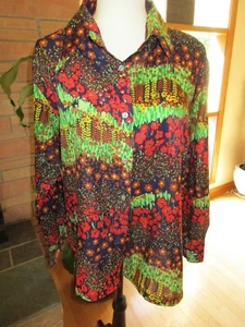 Vintage  1970s Mod  Floral Polyester Secretary Button Blouse Top size 42 Large - Picture 1 of 8