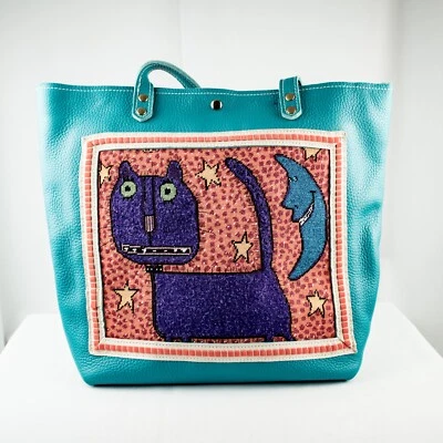 Bolso de Mano De Colección Turquesa Azul Púrpura Gato Cuero Genuino Mujer Grande Rectángulo Tot Foto 1 de 4