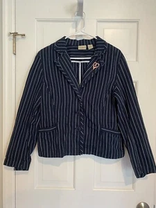 LL Bean Pin Striped Jacket Womens Blazer Navy Cotton Nautical Classic Sz 12- Pet - Picture 1 of 6