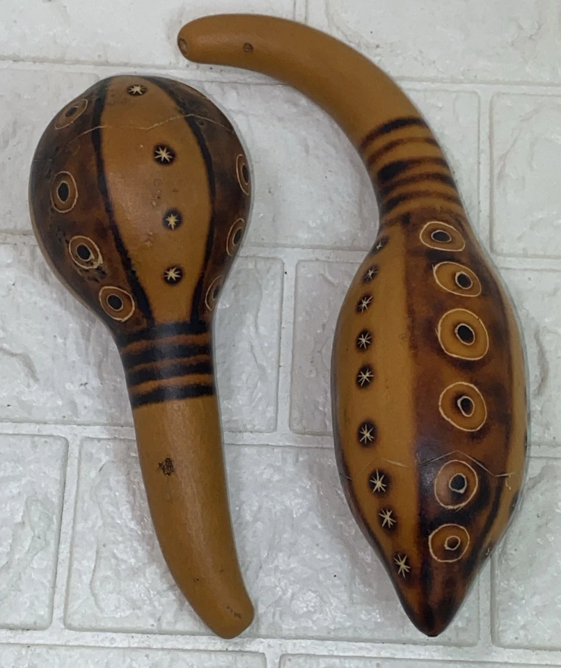Vintage Gourd Shakers Maracas Hand Fire Burned Designs Decorated Peru EUC 6 & 7” - Image 1 of 4