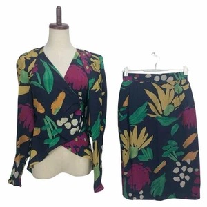 Vintage LANVIN 100% Silk Patterned Jacket  Skirt Set Size 36 M Elegant Outfit - Picture 1 of 24