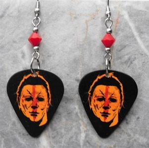 Halloween Movie Michael Myers Guitar Pick Earrings with Red Swarovski Crystals - Picture 1 of 5
