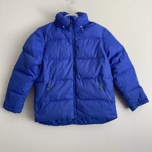 Lands End Boys Blue Down Puffer Jacket Size 7-8 No Hood Full Zip Pockets Winter - Picture 1 of 8