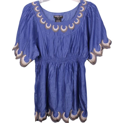 Neslay Paris Tunic Blouse Women Purplish Blue Embroidered Boho Hippie Festive Sm - Image 1 of 4
