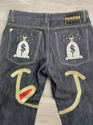 Jeans parroquiales vintage para hombre 36x31 signo de dólar bordado holgado patinador Y2K hip hop Foto 1 de 4