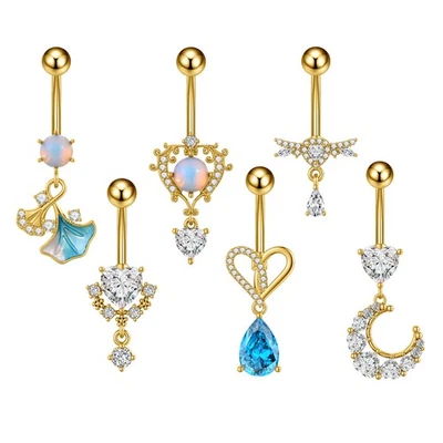 Joyería piercing ombligo 14G corazón-circonita cúbica luna colgante anillo ombligo 6 piezas para mujer Foto 1 de 2
