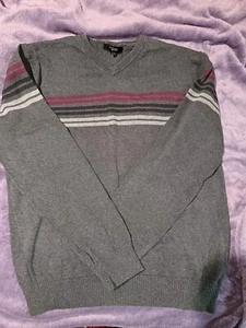 Thomas Nash Cotton V neck Sweater Grey W/ Burgundy Black And White Stripe Small - Picture 1 of 10