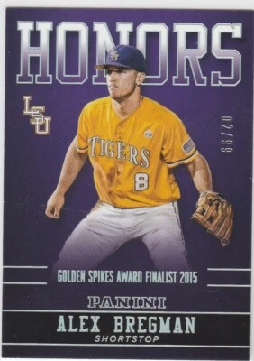 ALEX BREGMAN 2015 LSU COLLEGIATE HONORS INSERT SILVER PARALLEL SERIAL #'D /99 RC - Image 1 of 2