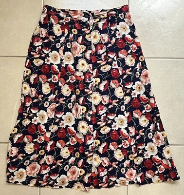 Saia maxi grunge vintage anos 90 Sag Harbor botão para baixo floral papoula vermelha marinha grande - Imagem 1 de 4