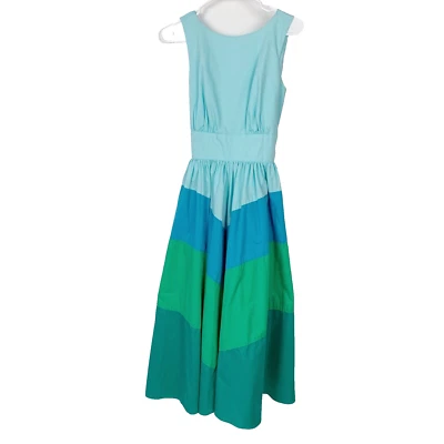 Vestido Azul Falda Circular Chevron Sin Mangas Bloques de Color Vintage NR1 por Ned Gould 6 Foto 1 de 4