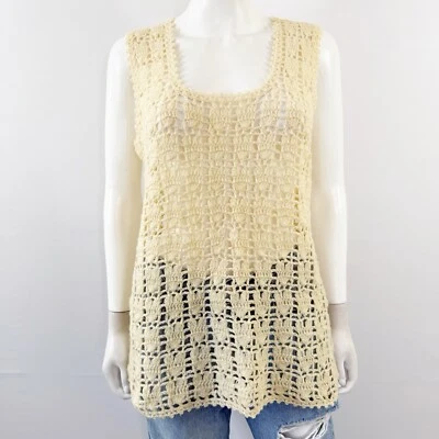 Bobbie Brooks Vintage Yellow Heart Crochet Knit Tank Top Size L Boho Hippie Love - Image 1 of 4