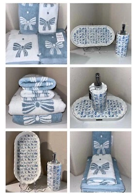 6 PIECE NWT BLUE AND WHITE COQUETTE BOW DESIGN TOWEL,TRAY,SOAP DISPENSER SET - Image 1 of 4
