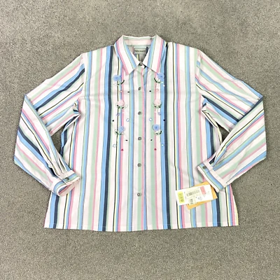 Camisa listrada grande Napa Valley flor bordada manga longa com botões nova com etiquetas - Imagem 1 de 4