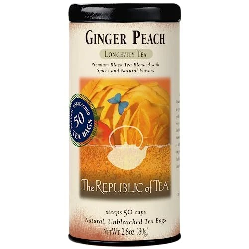 Republic of Tea Ginger Peach Black Caffeinated 50 Bags Food Beverages Home