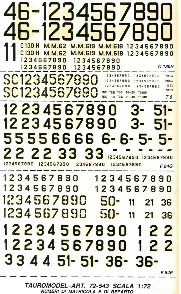 TAURO MODEL TM72/543B NUMERI REPARTO/MATRICOLA C-130, T-6, F-84G, F-84F 1:72 - Immagine 1 di 1