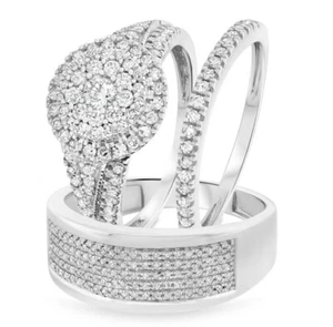 2 Ct Round Cut His & Her Trio Ring Set 14K White Gold Plated Lab Created Diamond - Picture 1 of 7