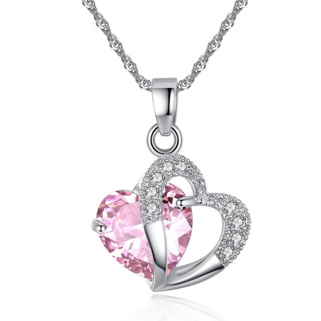 Collana DONNA con Pendente CUORE ROSA e CUORE STRASS doppio Regalo Romantico - Immagine 1 di 1