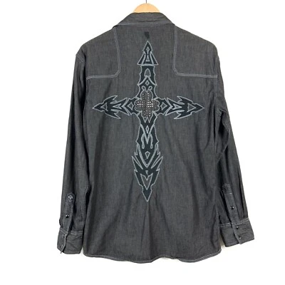 Camisa a Presión ROAR Para Hombres Bordada Perla Mediana Negra Gris Tachonada Vaquero Occidental Foto 1 de 4