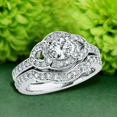 Round Cut 2.95Ct Diamond White Gold Finish Simulated Engagement Ring Set Size 5 - Image 1 of 3