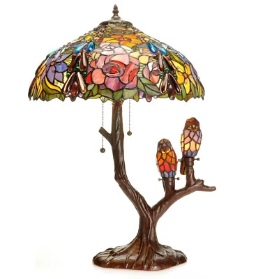WAREHOUSE OF TIFFANY Tiffany Style Stained Glass Bird Theme Victorian Table Accent Reading Tree Lamp