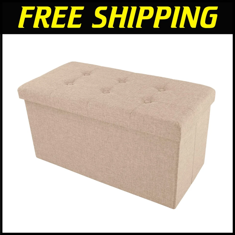 Lavish Home Folding Storage Bench Ottoman– 30” Tufted Foam Padded Lid Beige