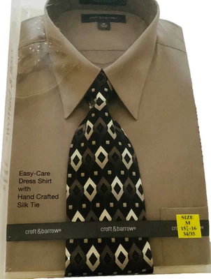 Conjunto de camisa de vestir y corbata de seda Croft & Barrows para hombre talla mediana 15 1/2 34-35 tostado nuevo con etiquetas Foto 1 de 3