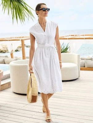 NWT Talbots Tie Waist Midi Dress White Sz 20W Floral Eyelet Scallop Hem Pockets - Image 1 of 4