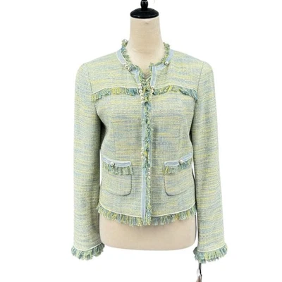 Chaqueta Blazer Worth New York Nueva con Etiquetas 4 Verde Amarillo Boucle Tweed Flecos Borde Foto 1 de 4