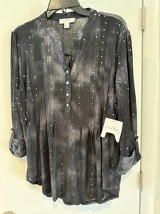 Coral Bay L Black Blouse Sequin Roll Tab 3/4 Sleeve Embroidered Tie Dye Pattern - Picture 1 of 10