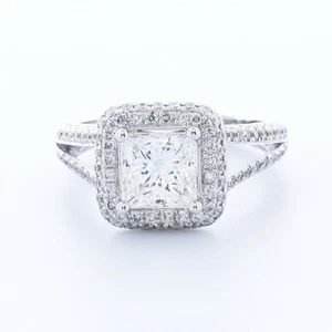 2 1/4ct D SI1 Princess Natural Certified Diamonds 18k Gold Halo Side Stone Ring - Picture 1 of 14