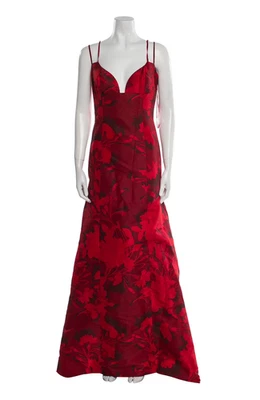 Vestido de Noche Carolina Herrera Rojo/Negro Estampado Floral Talla 4 (Forro de Seda) Foto 1 de 4