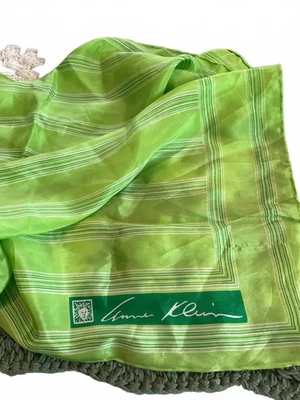 Vintage Anne Klein Green Striped Silk Scarf 26” X 25” - Image 1 of 3