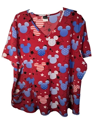 Disney Women's Scrub Top 3XL Mickey Red White Blue Patriotic Stars Stripes - Image 1 of 4