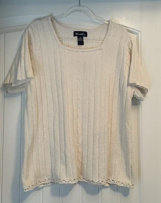 Denim & Co Cream Ribbed Chenille Square Neck Short Sleeve Sweater 1X - Image 1 of 3