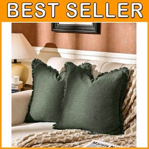 Green Linen Cushion Covers with Tassels - 24x24 Inch, 2 Pack - Picture 1 of 8