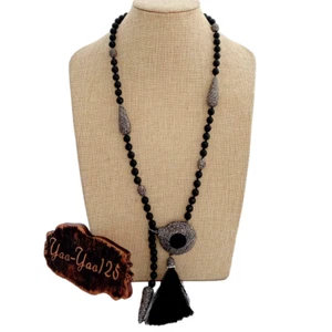 28" Round Onyx Necklace Black Crystal pave Connector Long Necklace - Picture 1 of 5