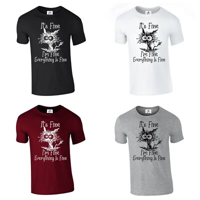 D&H CLOTHING UK It's Fine I'm Fine Everything is Fine Funny Cat Cartoon Meme (Fine, T-SHIRT)