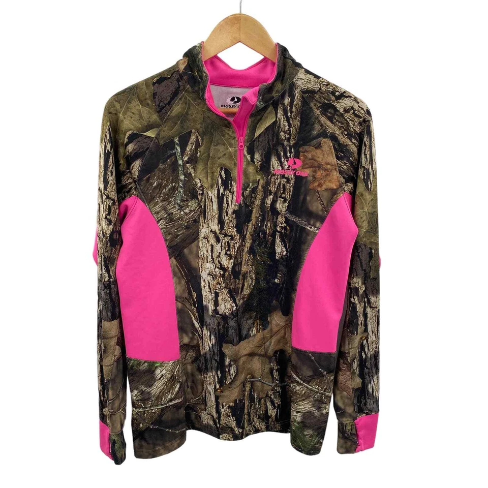 Mossy Oak 1/4 Zip Baselayer Shirt Womens Medium Green Pink Camo Print Polyester - Image 1 of 4