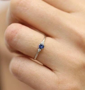 Sapphire Ring Round Diamond 3 Stones Simple Engagement Ring, Round Brill - Picture 1 of 4