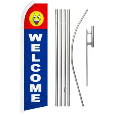 Welcome (Happy Face) Swooper Flutter Feather Advertising Flag & Pole Kit - Image 1 of 4