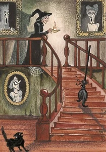 IMPRESIÓN ACEO DE PINTURA RYTA HALLOWEEN BRUJA GATO NEGRO RETRATO CASA EMBRUJADA ARTE - Imagen 1 de 1