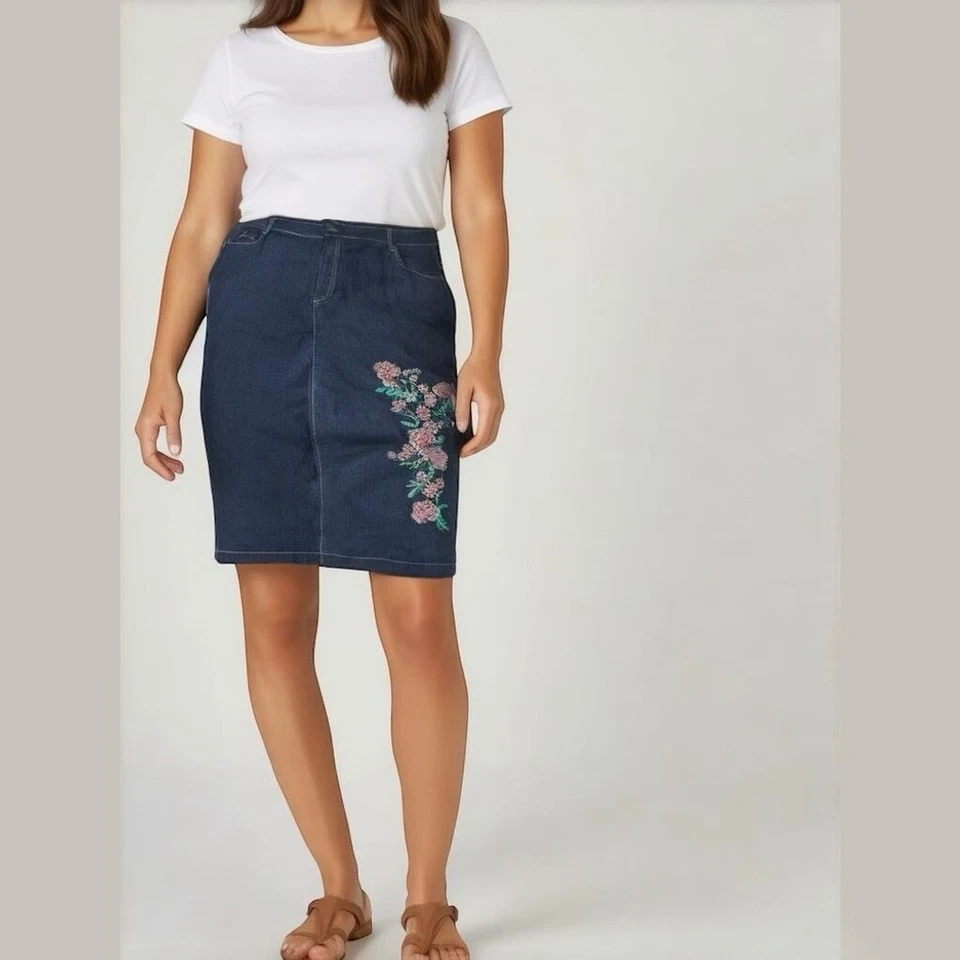 Falda midi denim 24/7 rosa bordada elástica con abertura talla 16W Foto 1 de 4