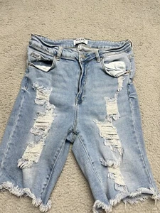 Wax Jeans Bermuda Shorts Womens Size 1XL Blue Jean Denim High Rise Distressed - Picture 1 of 14