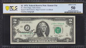 Fr.1935-J 1976 $2 Federal Reserve Note Courtesy Autograph PCGS AU 50 Comment - Picture 1 of 2