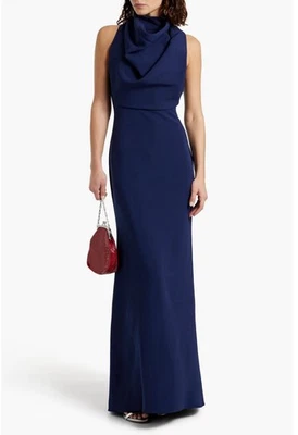Badgley Mischka NWT $795 Couture Navy Crepe Gown Draped Neck Maxi Sleeveless 6 - Image 1 of 4