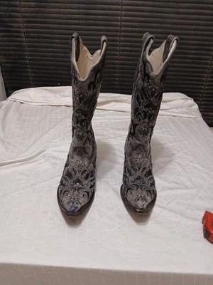 Gris CORRAL Vaquera Cuero Botas 6.5 M Bordadas Western Pull On Mujer Vaquero Foto 1 de 4