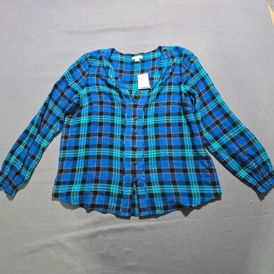 Nueva Blusa J. Jill Campesina Top Azul Cuadros Cuello Dividido Botón Manga Larga MP Foto 1 de 4