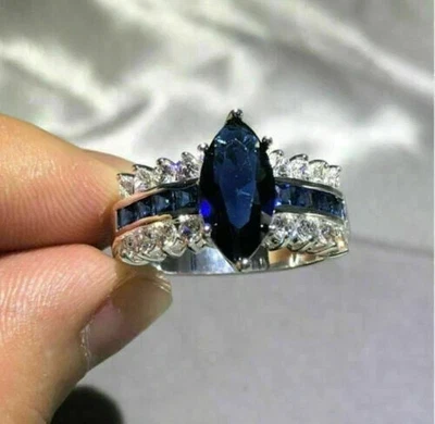 女士 3 克拉侯爵夫人切割蓝宝石实验室单颗戒指 14k 镀白金 — 第 1/3 张图片