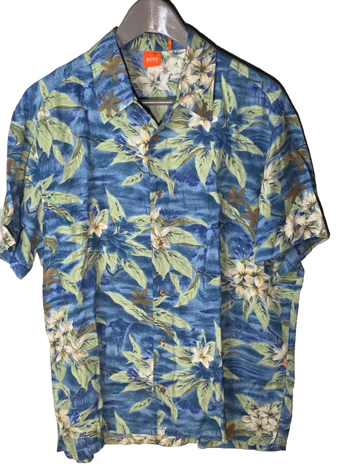 Hugo Boss Hawaiian Shirt Mens Large Floral Pattern Made in Italy - Image 1 of 4