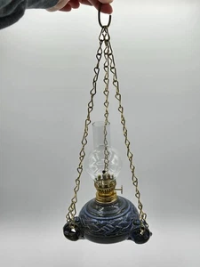 Studio Pottery Blue Green Ceramic Hanging Oil Lamp, brass chain, glass chimney - Picture 1 of 14